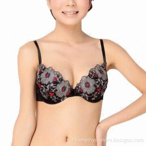 Embroidery mesh padded bra, satin bow at center front